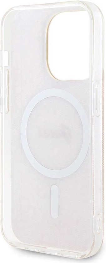 Coque transparente avec motif dentelle, logo Guess et compatibilité MagSafe.