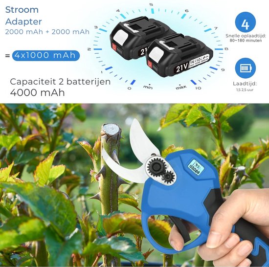 ALLGoods. Professionele Elektrische Snoeischaar - Takkenschaar 30mm - Electrische Snoeischaar met Accu 2x - Snoeischaren Set - Heggenschaar met 2 Batterijen - Tuinschaar met LED-Scherm - 500% Efficiënter - Blauw van ALLGoods — afbeelding 4