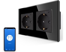 SmartinHuis - Slim tweevoudig stopcontact - Zwart - Kristalglas - Wifi - Compatibel met Google Home
