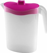 Waterkan/sapkan met roze deksel 1,5 liter 9 x 21 x 23 cm kunststof - Compact formaat schenkkan die in de koelkastdeur past - Sapkannen/waterkannen/schenkkannen/limonadekannen