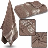 Bruine Katoenen Handdoek met Decoratief Borduursel, Badhanddoek, Egyptisch Patroon 70x135 cm