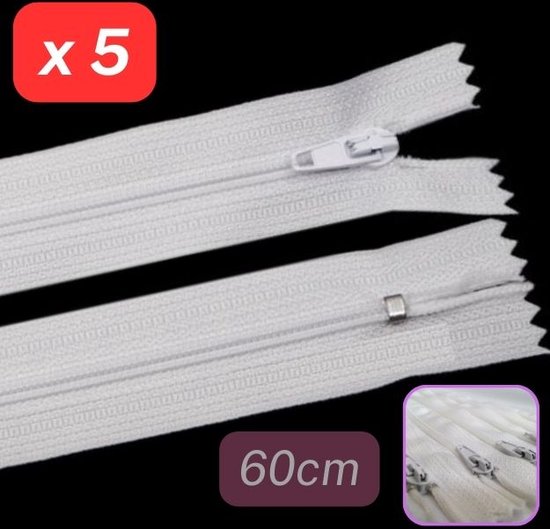 5 WITTE RITSEN 60 cm - niet deelbare rits - zichtbare rits - gesloten einde rits - 60 cm - wit - 5 stuks