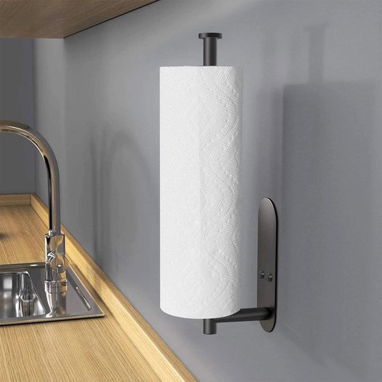 Waledano® Porte-rouleau de cuisine mural - Porte-serviettes - Porte-serviettes en papier avec colle et vis - Porte-papier essuie-tout autocollant - Porte-serviettes sous meuble - Porte-serviettes à vis - Zwart