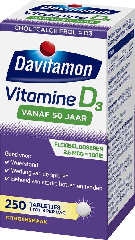 Davitamon Vitamine D3, 250 citroensmaak tabletjes voor 50+.
