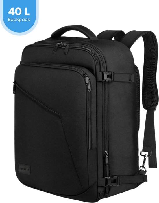 FOXLY® Reistas met USB Oplaadstation - 40L - Rugzak - Compressie - Handbagage Weekendtas - Backpack - Spatwaterdicht - Zwart