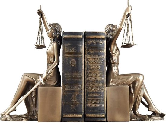MadDeco - set handgemaakte bronskleurige polystone boekensteunen Vrouwe Justitia - advocatenkantoor - afstudeercadeau - jurist - advocaat