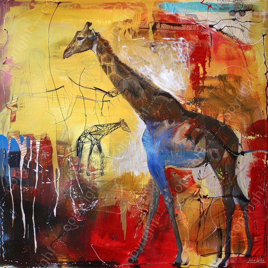 JJ-Art (Canvas) 60x60 | Giraffe in abstract geschilderde stijl, kleurrijk, kunst | portret, dier, Afrika, rood, blauw, geel, bruin, vierkant, modern | Foto-Schilderij canvas print (wanddecoratie)
