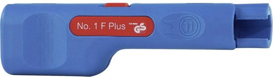 Blauwe kabelstripper met rode knop, GS-logo en 'No. 1 F PLUS'.