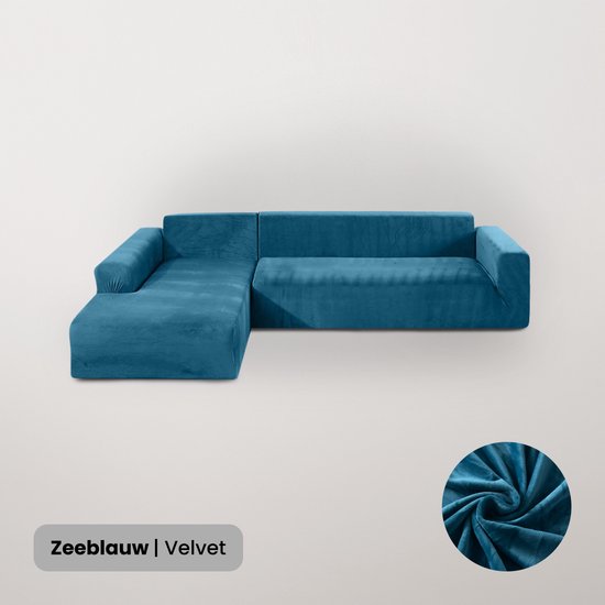BankhoesDiscounter Velvet Bankhoes – Hoekbank – M1 (90-130cm) – Bankbeschermer – Zetelhoes & Zetelbeschermer - Bankhoezen voor Hoekbank - Sofa Cover - Zeeblauw