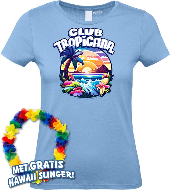 T-shirt femme Tropiques colorés | Toppers in concert 2024 | Club Tropicana | Chemise hawaïenne | Vêtements Ibiza | Dames bleu clair | taille M