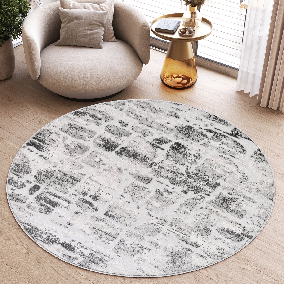 Tapiso Sky Rond Vloerkleed Hoogpolig Grijs Abstract Woonkamer Tapijt Maat- 120x120