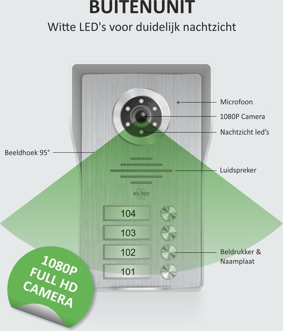 ELRO DV4000-4 Video Deur Intercom - 4 Appartementen - 1080P Full HD Camera met nachtzicht - 4-draads kabel - 16 Beltonen van Elro — afbeelding 5