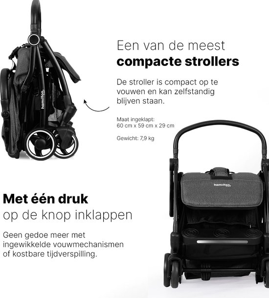 Grijze hamilton buggy dichtgeklapt en opengeklapt, compact en zelfstandig staand.