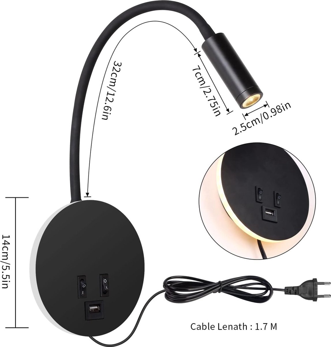 Lampe De Lecture Murale LED Avec Port USB - Noir, Col Flexible 360°