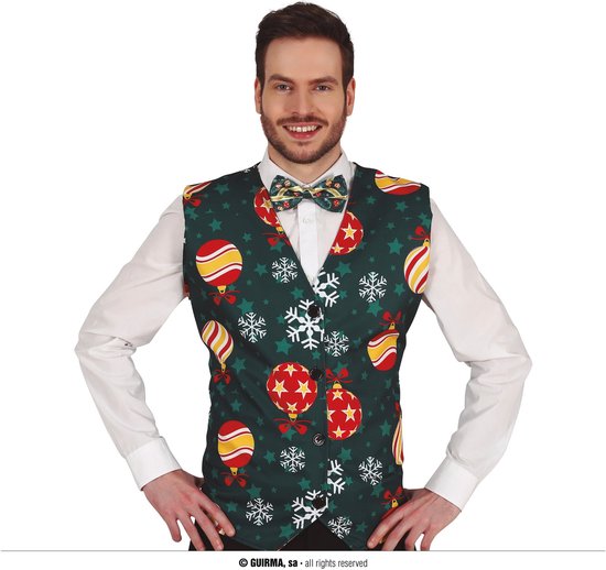 Gilet de Noël vert foncé avec imprimé boules de Noël et flocons de neige, avec nœud papillon assorti.