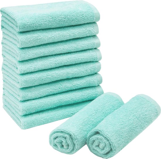Set van 10 zeepdoekjes in 30 x 30 cm, absorberende en zachte washandjes in mint, met praktische ophanglus, wasbaar tot 60 °C, katoen, hotelkwaliteit