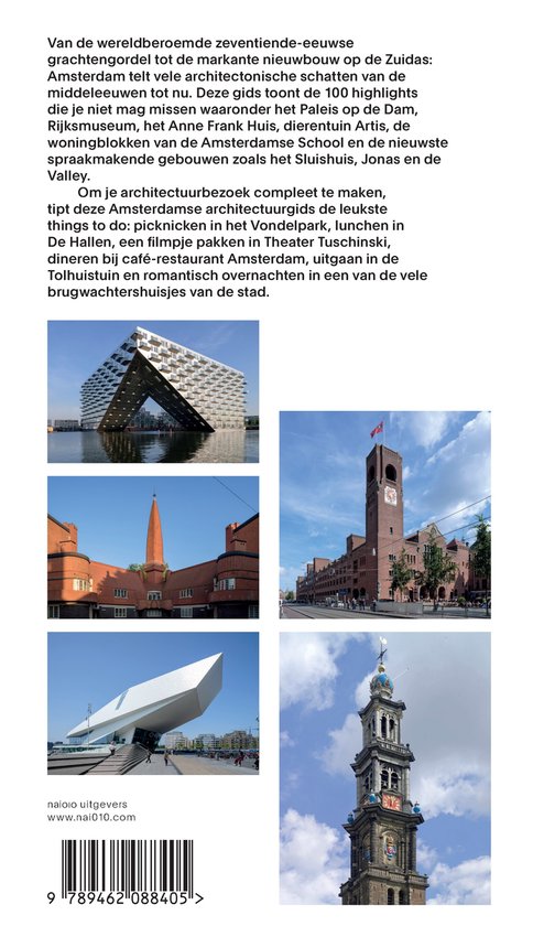 Architectuurillustraties: een modern gebouw bij het water, een rode bakstenen toren, een modern wit gebouw en een stenen kerktoren met klok.