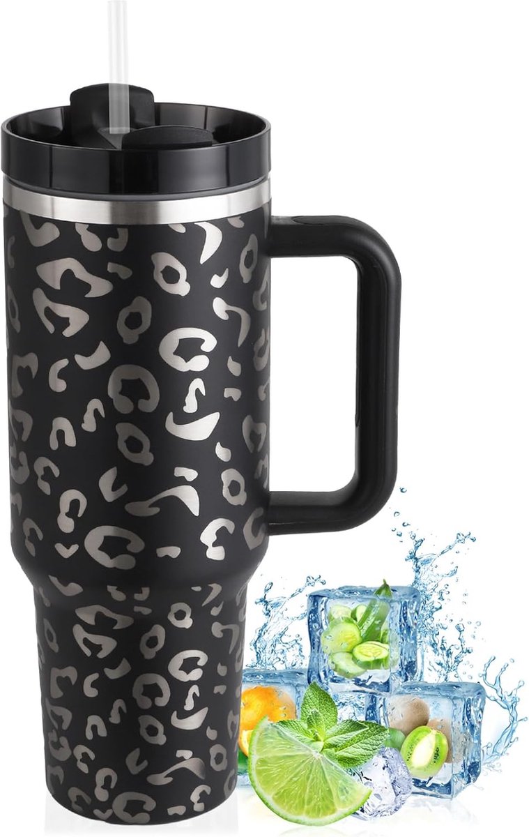 Goedkoopste Thermobeker met rietje en handvat, 1180 ml, dubbelwandig, roestvrij staal, voor warme en koude dranken, vacuüm drinkbeker, koffiemok voor thuis en reizen, zwart, 02