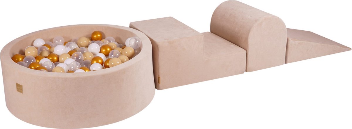 MeowBaby® Foam 3 elementen Speelset met Ballenbak 90x30cm met 200 Ballen Gecertificeerd, Fluweel, Ecru: Goud, Beige, Wit, Transparant