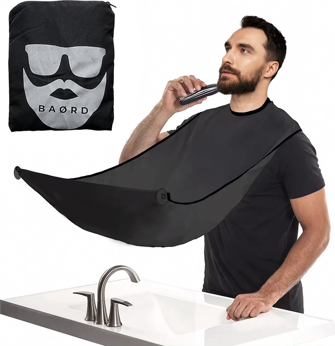 BAØRD Baard Baard Schort – Scheerschort – Kappersmantel - Beard Bib – Baardschort – Kapmantel - Scheer Cape – Scheren – Baardschort - Shaving - Trimmen – Baardverzorging – Inclusief Zuignappen – Zwart