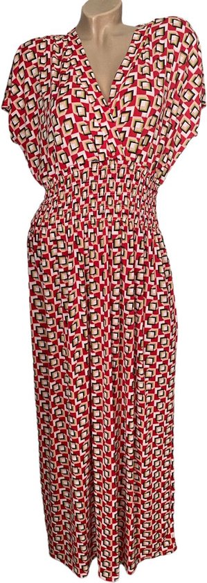 Dames maxi jurk met blokprint L/XL Rood/roze/groen