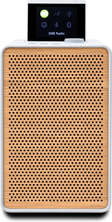 Pure Evoke Spot - Wood Edition, système de musique compact en Cotton White avec grille en bois de cerisier