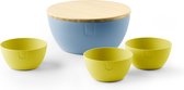 UBITE zomerset – bio-based saladeschaal sky blue (XL - Ø 27) inclusief deksel/snijplank + set van 3 bio-based bowls cyber yellow (S - Ø 13) - saladeschaal/saladekom/kom/schaal/bakje/duurzaam