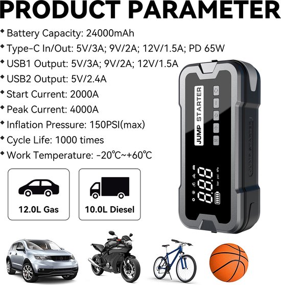 Strex 12V Jumpstarter voor Auto met Compressor - 4000A / 24.000 mAh - 5
