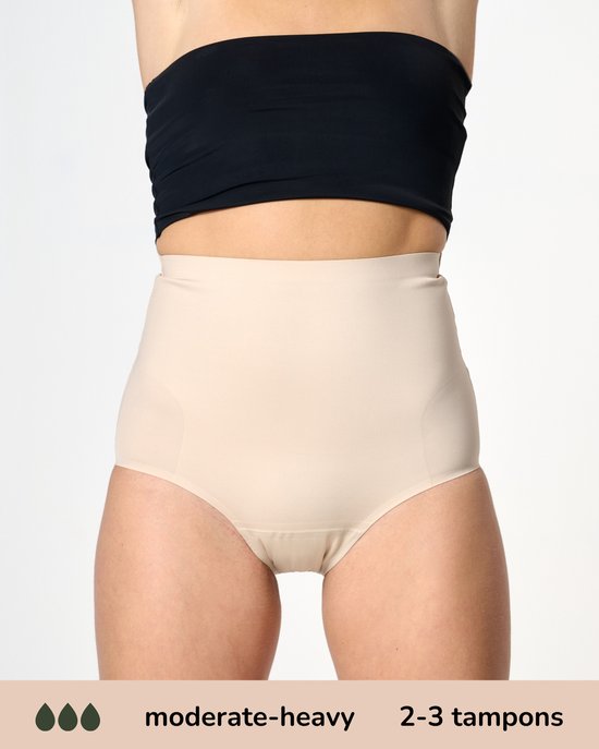 Moodies menstruatie & incontinentie ondergoed - Shaping High Waist Hiphugger - moderate/heavy kruisje - beige - maat S - corrigerend ondergoed -period underwear