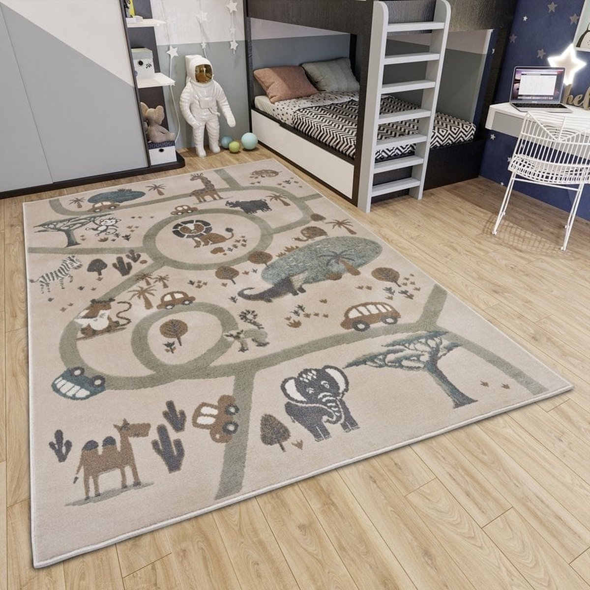 flycarpets Adventures Kinderkleed vloerkleed - Dierentuin Crème Bruin Grijs - 120x170 cm Beige