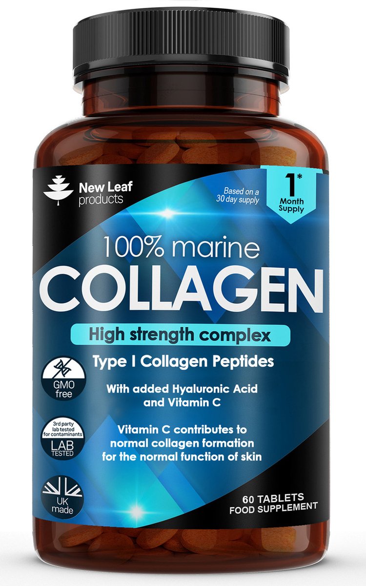 Goedkoopste Puur Marine Collageen tabletten (60 collageen capsules) 100 Type 1 Gehydrolyseerde Collageenpeptiden met Hyaluronzuur & Vitamine C - Essentiële Aminozuren voor Vrouwen en Mannen