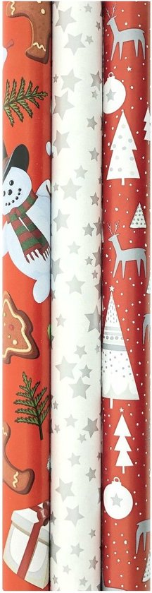 Assortiment cadeaupapier - inpakpapier voor kerst rood en wil - 200 x 70 cm - 3 rollen