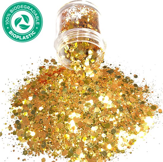 Foto: Biologisch afbreekbaar chunky glitters goud volume 8g biodegradable festival jewels glitter outfit lichaam en gezicht make up face body kinderen volwassenen dames eco friendly glitter tattoo set 