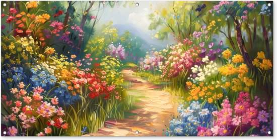 Tuinposter 160x80 cm - Tuindecoratie Natuur - Landschap - Bloemen - Kleurrijk - Poster voor in de tuin - Buiten decoratie - Schutting tuinschilderij - Tuindoek muurdecoratie - Wanddecoratie balkondoek