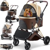 dierenbuggy - bruin/champagne - hondenwagen 3in1 - hondenbuggy - hondenbox transporttas -360 graden grote wielen- - vouwbaar - huisdieren - buggy met netvensters en regenbescherming - jogger - kattenbuggy - voor kleine honden katten