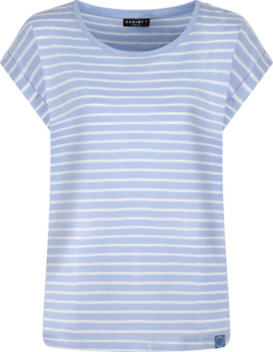 Blauw-witte gestreepte top met korte, opgerolde mouwen en een ronde hals.