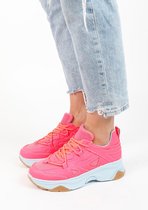 Sacha - Dames - Roze leren platform sneakers met lichtblauwe zool - Maat 40