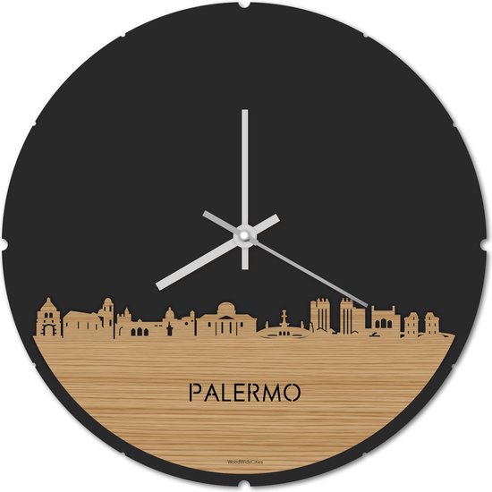 Skyline Klok Rond Palermo Bamboe hout - Ø 44 cm - Stil uurwerk - Wanddecoratie - Meer steden beschikbaar - Woonkamer idee - Woondecoratie - City Art - Steden kunst - Cadeau voor hem - Cadeau voor haar - Jubileum - Trouwerij - Housewarming -