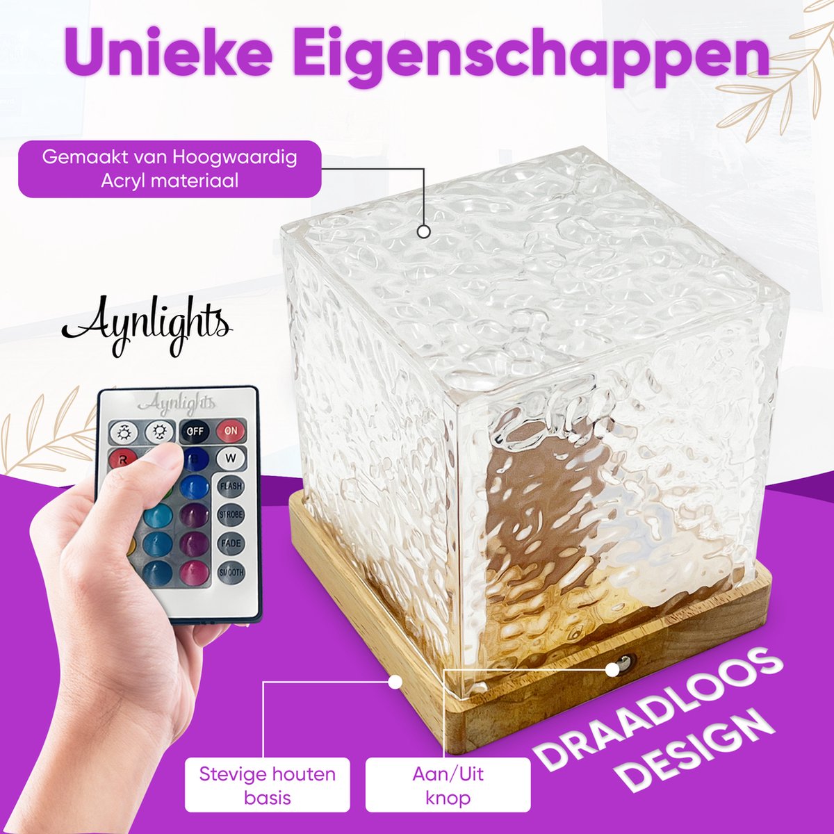 Aynlights® - 2025 - Wave Cube Projector - HOUT VERSIE - Noorderlicht Projector -Cube Lamp - Draadloos Model - Crystal Lamp - Luxe- Wave Lamp - Wave Cube - Ripple Light - Ocean Projector - Aurora - Sterren Projector - 1 JAAR GARANTIE – foto 2