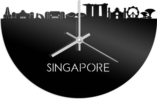 Skyline Klok Singapore Zwart Glanzend - Ø 40 cm - Stil uurwerk - Wanddecoratie - Meer steden beschikbaar - Woonkamer idee - Woondecoratie - City Art - Steden kunst - Cadeau voor hem - Cadeau voor haar - Jubileum - Trouwerij - Housewarming -