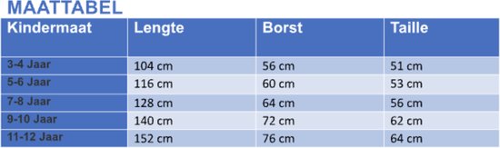 Tableau des tailles pour enfants: 3-4 ans à 11-12 ans, avec longueur, tour de poitrine et taille.