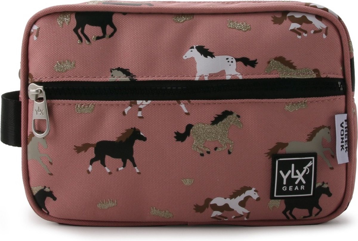 SALE: YLX Gear & Freek Vonk Willow Toiletry Bag |Oud roze & Paarden |Toilettas, logeren, vakantie | kinderen, meisjes | dierenprint, glitter, paarden