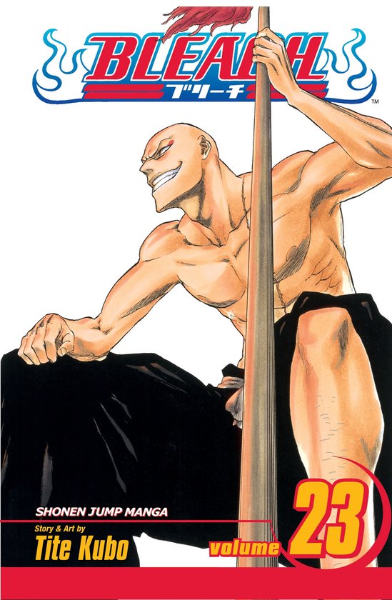 Couverture du manga Bleach Volume 23, avec un homme dessiné avec une cicatrice sur le visage, tenant un grand bâton.