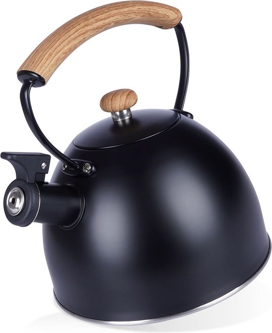 Vilde - Bouilloire sifflante minimaliste moderne en acier inoxydable + imitation bois - pour toutes les sources de chaleur - noir - 2,5 l