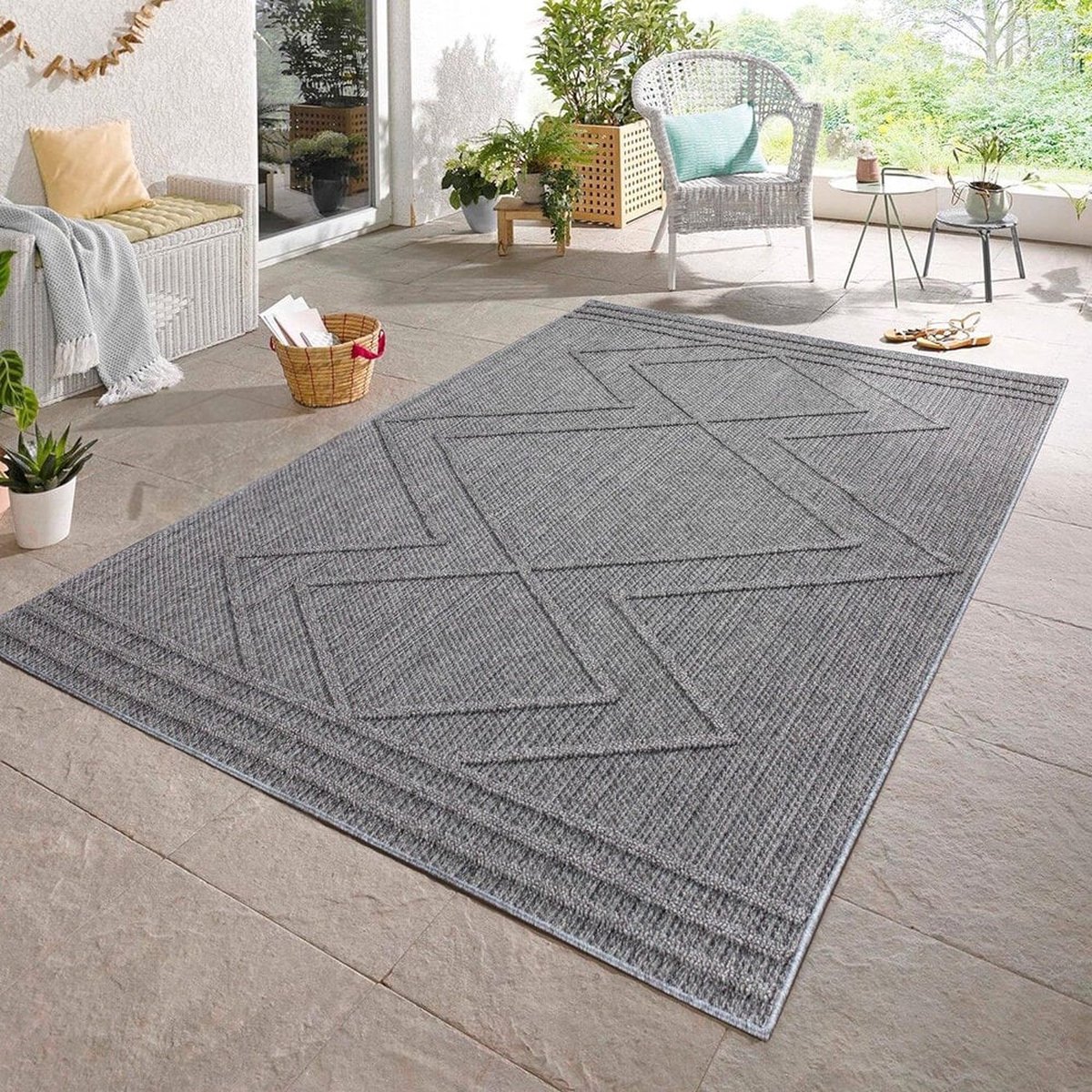Flycarpets Tenedo Vloerkleed / Buitenkleed Geruit - Binnen & Buiten - Laagpolig - Grijs - 120x170 cm