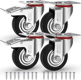 GBL Heavy Duty Castor Wheels with 4 Brakes + Screws - 75mm up to 200KG - Pack of 4 No Floor Marks Silent Caster for Furniture - Rubbered Trolley Wheels - Silver Castors
