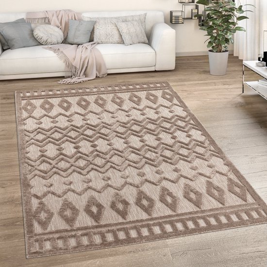 Paco Home Buiten Vloerkleed Tapijt Voor Binnen En Buiten Balkon Terras Keuken Tapijt Patroon Scandinavisch Boho Eenkleurig, Maat:60x100 cm, Kleur:Crème 2