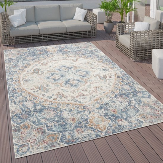 Paco Home Buiten Vloerkleed Modern Oosterse Print Terrasvloerkleed Weerbestendig Turquoise, Maat:200x280 cm