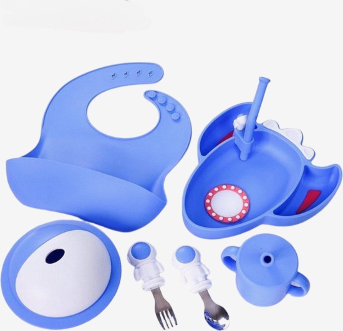 Goedkoopste Kinderservies Astronauten Set van 6 voor Kinderen - Bord/Lepel/Vork/Beker/Slabbetje/Kommetje - BPAVRIJ Anti slip Ftalaatvrij - Baby servies - Kinderservies - Kinderbord - Blauw - Magnetron - Vaatwasser