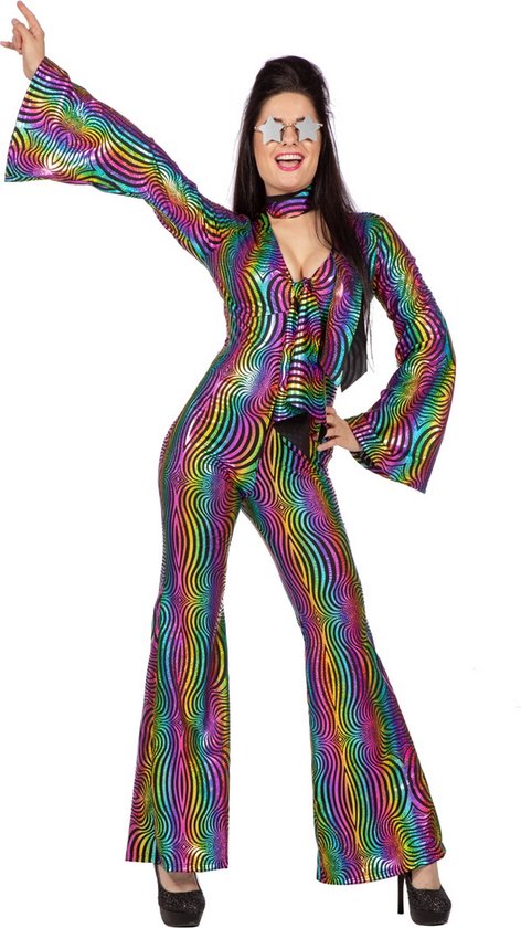 Wilbers & Wilbers - Jaren 80 & 90 Kostuum - Shiny Rainbow Jaren 80 Catsuit - Vrouw - Multicolor - Maat 46 - Carnavalskleding - Verkleedkleding